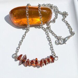 Genuine Natural Orange Amber Silver Chain Necklace